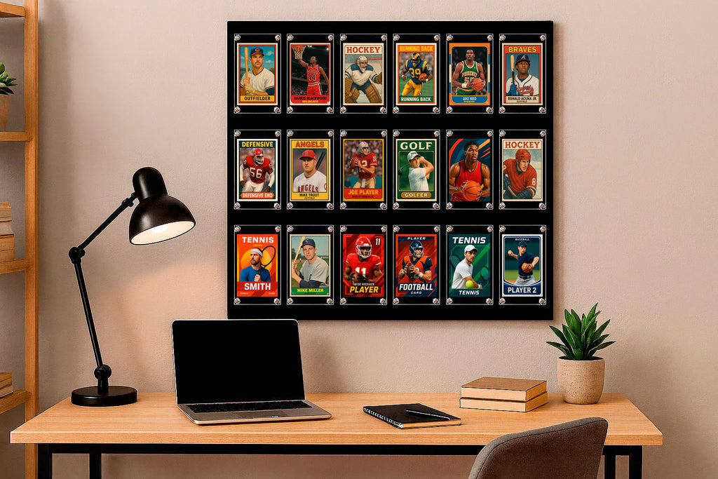 Smart Trading Card Display - Magnetic Display Frame 18 Sports Card Holders Color Box 8 x 5MM Magnets 1 pc Screwdriver 2 Screws & 2 Anchors