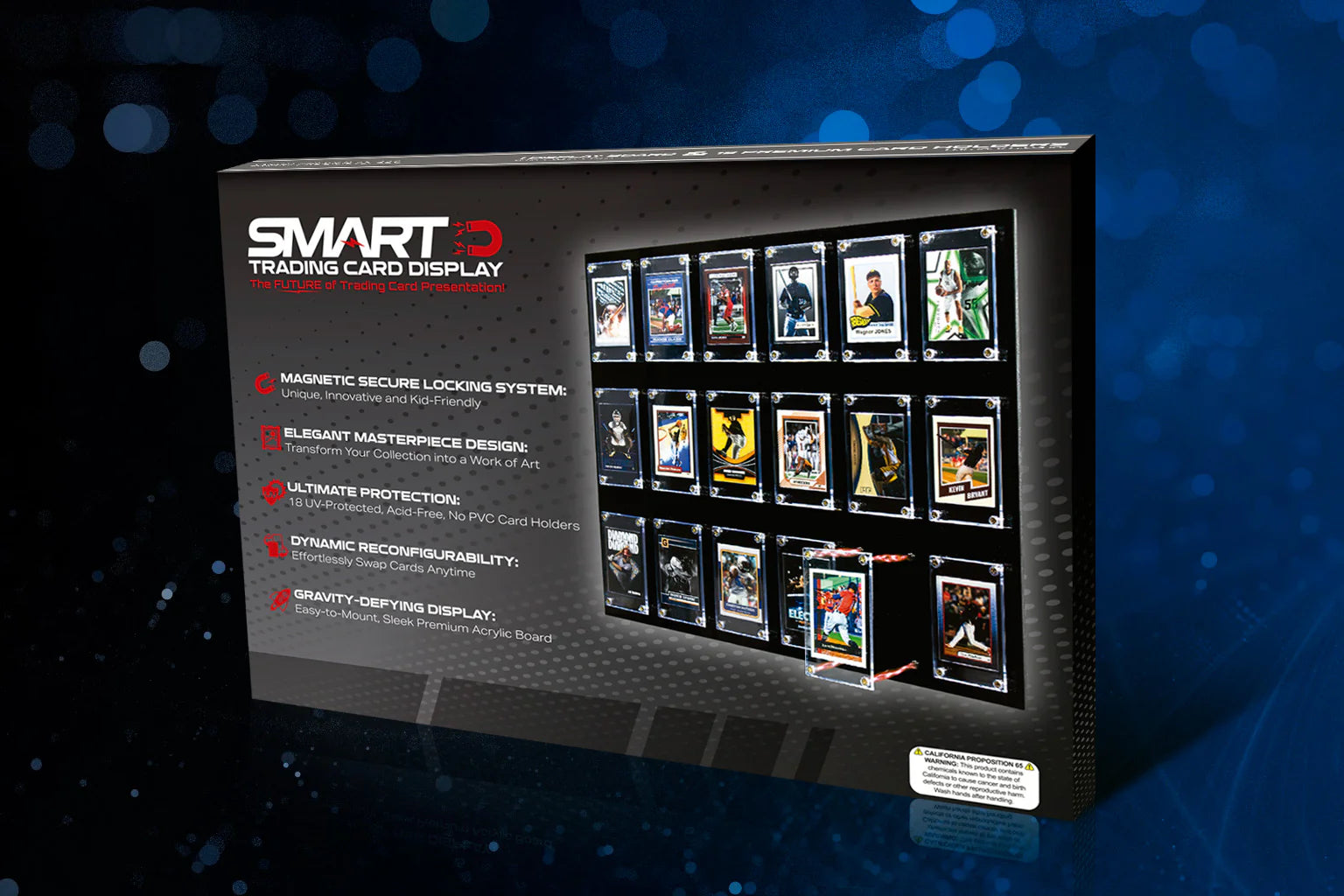 Smart Trading Card Display - Magnetic Display Frame 18 Sports Card Holders Color Box 8 x 5MM Magnets 1 pc Screwdriver 2 Screws & 2 Anchors